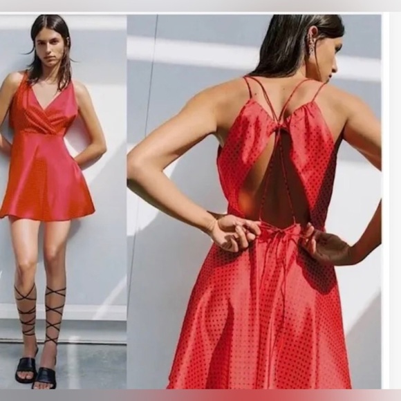 Zara red black polka dot satin silk look open back mini flare dress size large - Picture 1 of 8